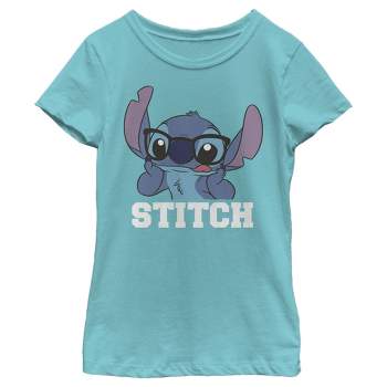 Girl's Lilo & Stitch Silly Black Glasses T-Shirt - Red - Large
