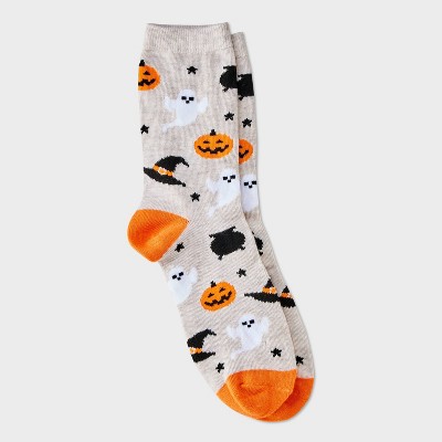 Women's Halloween Icons Crew Socks - Hyde and EEK! Boutique™ Oatmeal Heather/Orange/Black 4 - 10