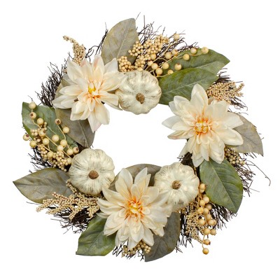 Northlight Dahlia and Pumpkin Artificial Floral Wreath, 22-Inch