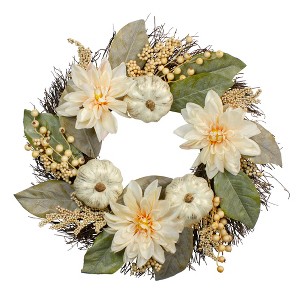 Northlight Dahlia and Pumpkin Fall Artificial Floral Wreath, 22-Inch - 1 of 4