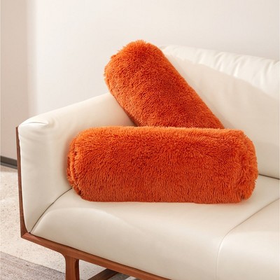 Rust Orange Shaggy Long Hair Bolster Pillows Set
