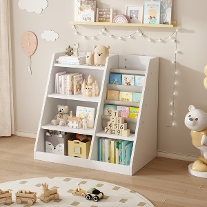 KTMBDW Kids Bookshelf and Toy Storage Organizer, 4 Tier Wooden Kids Book Shelf with Sling Book Rack in Kids Room Playroom Nursery for Kids, Children - 1 of 4