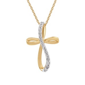 GILDED 1/4 cttw Twist Cross Pendant-Necklace in 10KT Yellow Gold or 14K Yellow Gold Plated over Sterling Silver, Natural Round-Cut Diamond, 18" Chain - 1 of 4