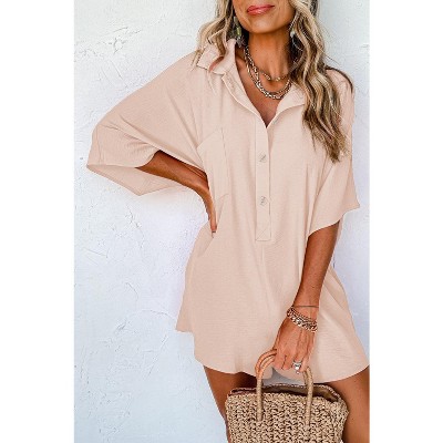 I AM A FASHION JUNKY Black Plain Half Button Collared Pocket Loose Romper Apricot XL