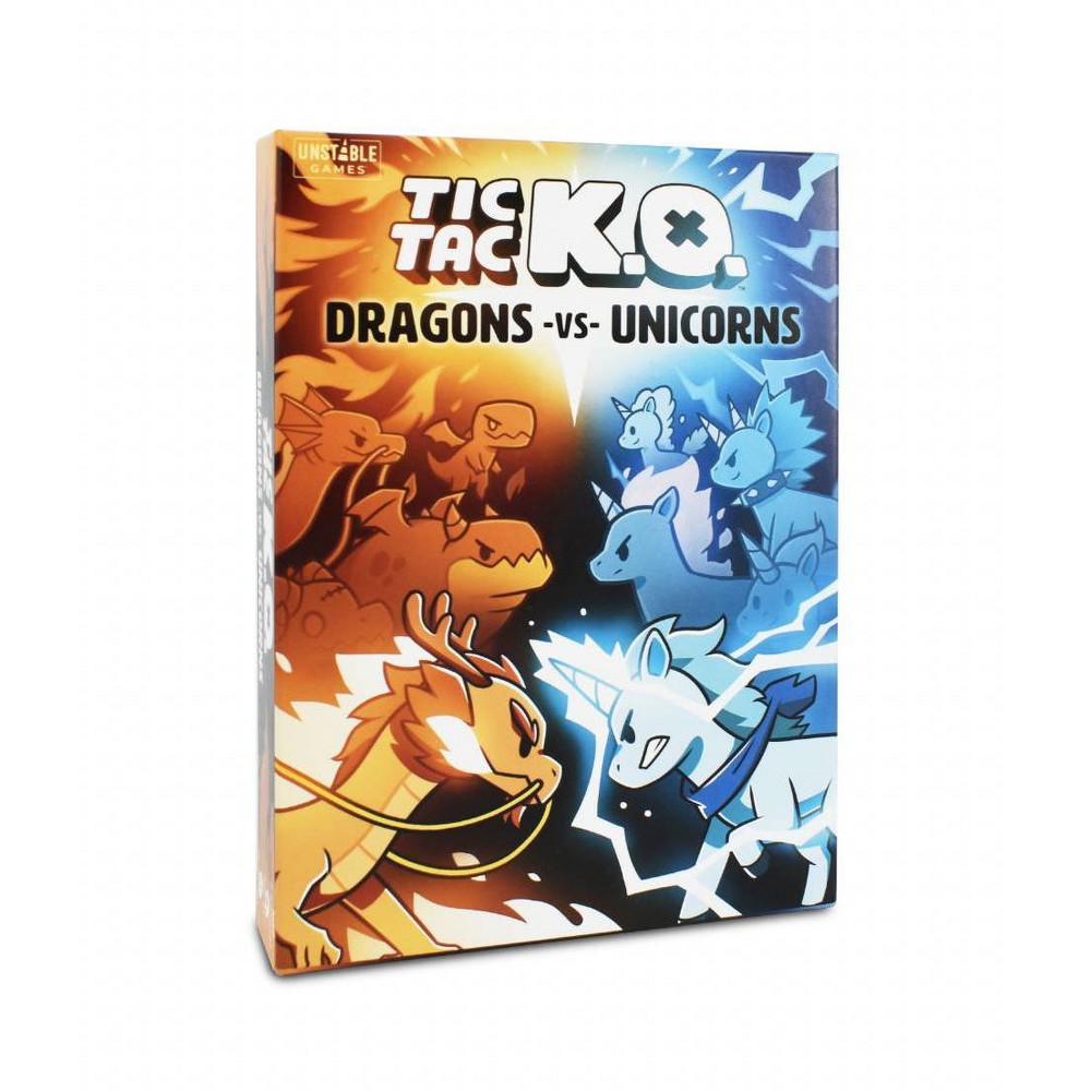 Tic Tac KO - Dragons vs. Unicorns Game: TeeTurtle Card Game for Creative Thinking with Game Board, 2-4 Players