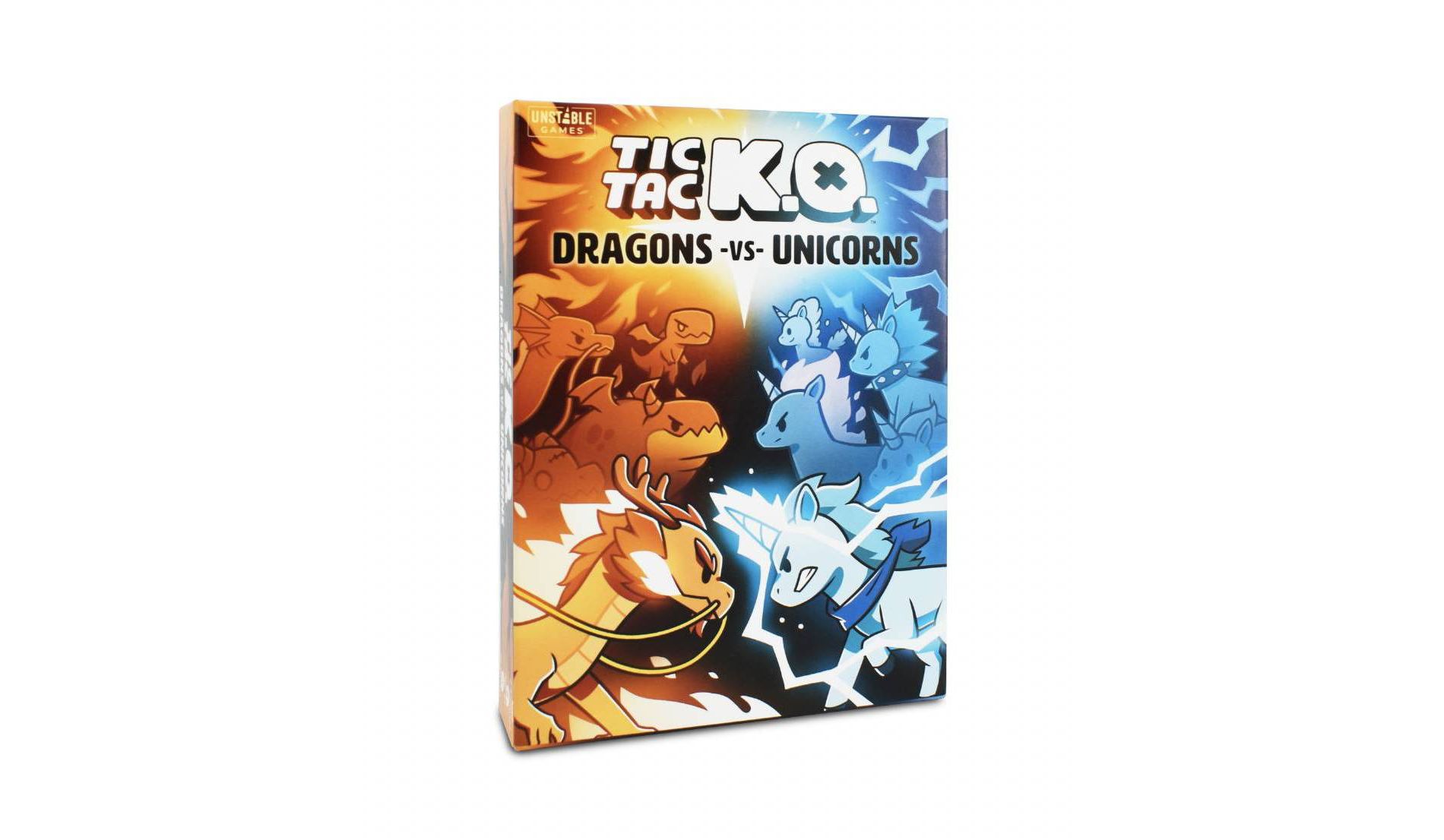 Tic Tac KO - Dragons vs. Unicorns Game: TeeTurtle Card Game for Creative Thinking with Game Board, 2-4 Players