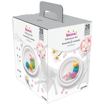 Frosty White 222-Piece Disposable Dinnerware Kit by Exquisite — Serves 20 with Plates, Cups, Cutlery, Napkins & Table Cover