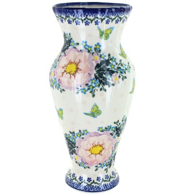 Blue Rose Polish Pottery Apple Blossom Tall Vase