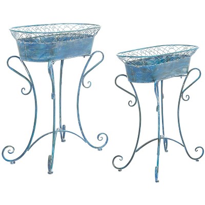 Provencal Rustic Antique Blue Iron Outdoor Planters, Set of 2