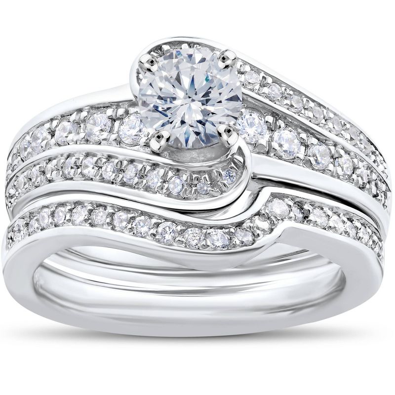Pompeii3 1 ct Diamond Round Solitaire Engagement Ring Wedding Band Set 14k White Gold Set, 1 of 5