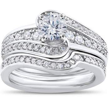 Pompeii3 1 ct Diamond Round Solitaire Engagement Ring Wedding Band Set 14k White Gold Set