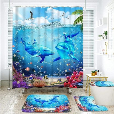 LunaLulinlk Waterproof Fabric Shower Curtain with 12 Hooks and Toilet Rugs