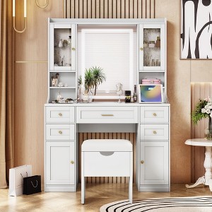 Racxily 41.4" Makeup Vanity Desk with Mirror & Lights, 5 Drawers with Charging Station & Stool for Bedroom, White - 1 of 4