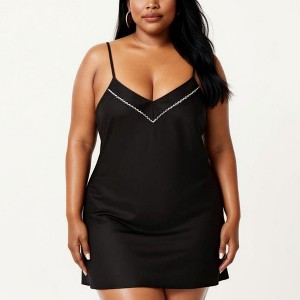 Anna-Kaci Lounge Women's Plus Size V Neck Slip Nightgown Contrast Trim Spaghetti Strap Soft Satin Sleep Dress Short Chemise - 1X, Black