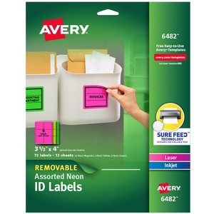 Avery Removable Multipurpose Labels, Sure Feed Technology, 3-1/3" x 4", Assorted Neon, 72 Labels (6482) - 1 of 4