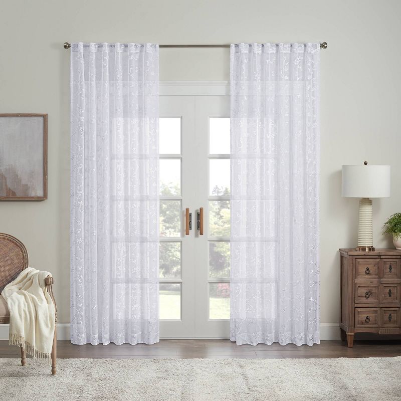 Indochine Embroidered Light Filtering Curtain Panel White - Waverly, 1 of 12