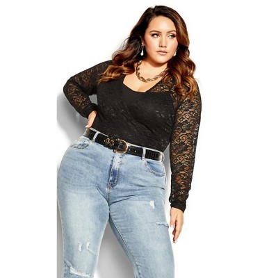 City Chic| Women's Plus Size Long Sleeve Lace Bodysuit - Black