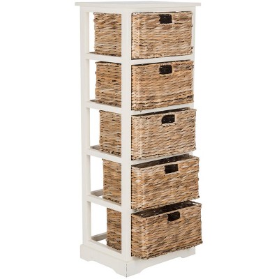 Coastal Breeze White Pine 5-Drawer Wicker Basket Storage Tower