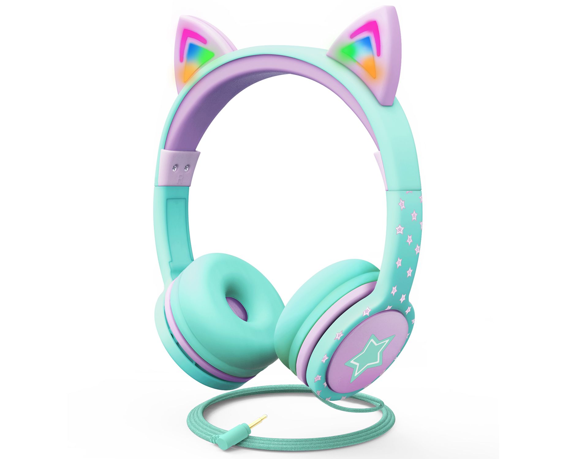 FosPower Kids Headphones Wired, Over Ear Headphones for Kids with Cord, Cat Headset with 3.5mm Jack & Light Up LED Cat Ears For School, Teal/Purple
