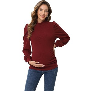 Maternity Top Casual Mock Neck Puff Long Sleeve Ruched Tunic - 1 of 1