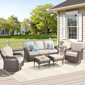 Buenhomino 6PCS Outdoor Furniture Set with 5" Thick Cushion, Outdoor Sofa Couch Set with Swivel Chairs and Ottoman, Brown Wicker Patio Furniture Set - 1 of 4