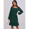 Long Lantern Sleeve Swing Dress with Square Neck & Ruffle Hem, Elastic Waist A-Line Short Dress for Women, Fall Fashion Deep Green - 2 of 4