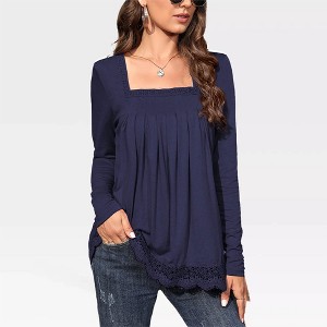 Women's Long Sleeve Tunic Tops - Plus Size Square Neck T-Shirt with Solid Color and Fall Lace Blouse,Navy - M - 1 of 4
