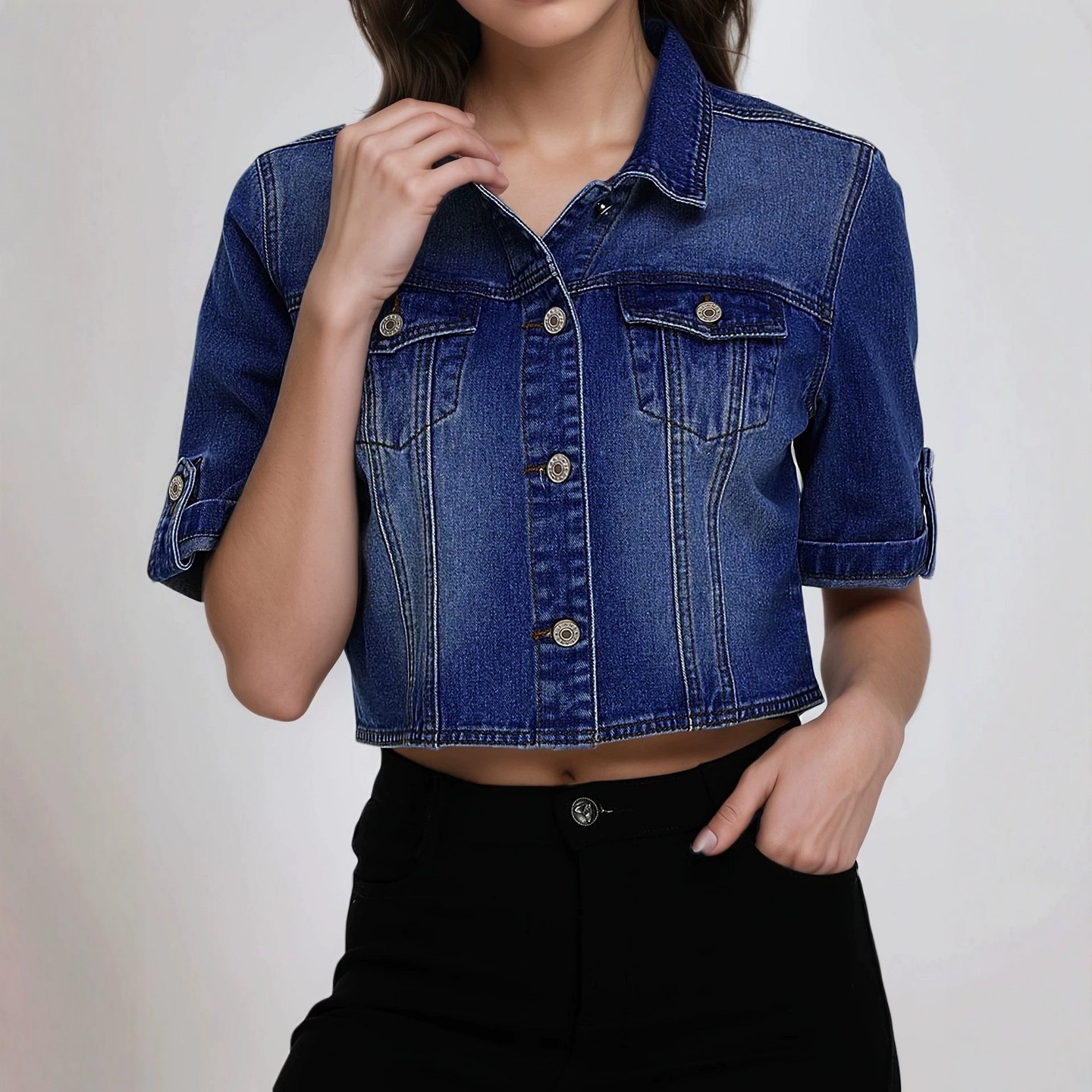 Женская куртка YesFashion Cropped Short Sleeve Denim Jacket Elastane Lapel Single Breasted Jean Outerwear, L, Dark blue, цвет: Джинсовый — фото 3