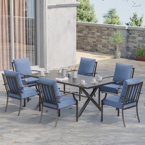 ALAULM Patio Dining Set Outdoor Furniture, Metal Furniture Set Fixed Chairs and Large Table with Umbrella Cutout,for Garden,Porch, Deck, Backyard - 1 of 4
