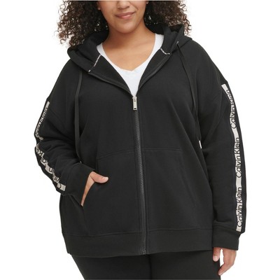 Calvin Klein Womens Logo Stripe Hoodie Sweatshirt, black, 2X