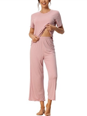 cheibear Women's Sleepwear Round Neck Soft Knit Short Sleeve Shirt with Pants Capri Pajamas Set