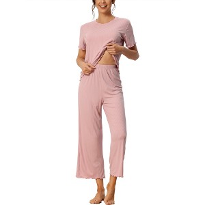 cheibear Women's Sleepwear Round Neck Soft Knit Short Sleeve Shirt with Pants Capri Pajamas Set - 1 of 4