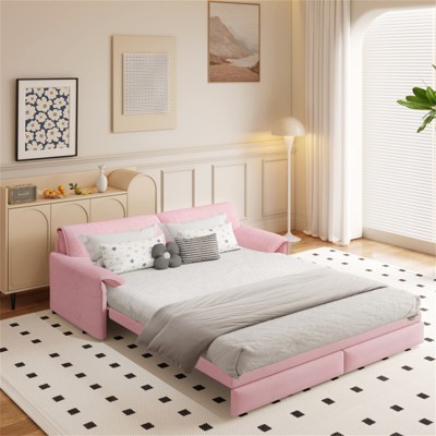 SKRAN 66'' Queen Pull Out Sofa Bed, 3 in 1 Convertible Sleeper Couch, Velvet Loveseat with Cushions and Side Storage for Living Room