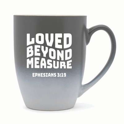 Elanze Designs Loved Beyond Measure Ephesians 3:19 Two Toned Ombre Matte 10 ounce New Bone China Coffee Tea Cup Mug, Gray and White