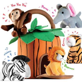 Baby Plush Talking Stuffed Animals Jungle 6 Pcs Set with Carrier for Kids Includes Jungle house, Elephant, Tiger, Lion, Zebra, and Monkey - Play22usa