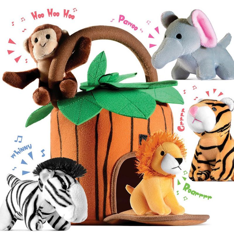 Baby Plush Talking Stuffed Animals Jungle 6 Pcs Set with Carrier for Kids Includes Jungle house, Elephant, Tiger, Lion, Zebra, and Monkey - Play22usa, 1 of 12