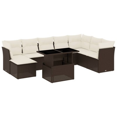 vidaXL 9 Piece Patio Sofa Set with Cushions - Brown and Cream without storage