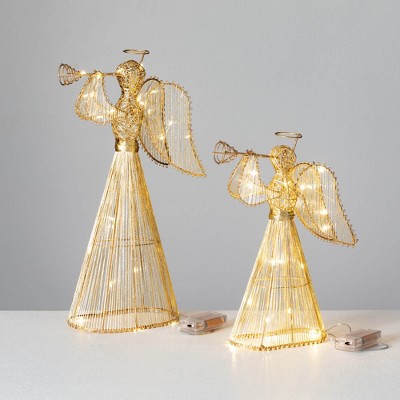 16.5"H & 12.5"H Sullivans Christmas Lighted Gold Angel Set of 2, Indoor Christmas Decor