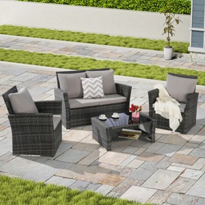 Outdoor Sofa Set, 4 Pcs Rattan Wicker Sofa, Sofa Set with Armrest Chairs and Tempered Glass Coffee Table, Sofas with Cushions-Coolbibila - 1 of 4
