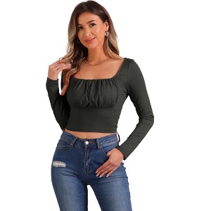 Allegra K Women's Square Neck Crop Top Casual Ruched Long Sleeve T Shirt - 1 of 4