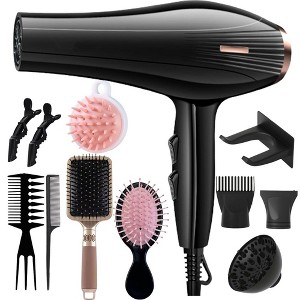 Morfone Black 12-piece Hair Dryer Set. Hair styling tools equipped with accessories such as combs, clips, and hair dryers. As a gift set. - 1 of 4