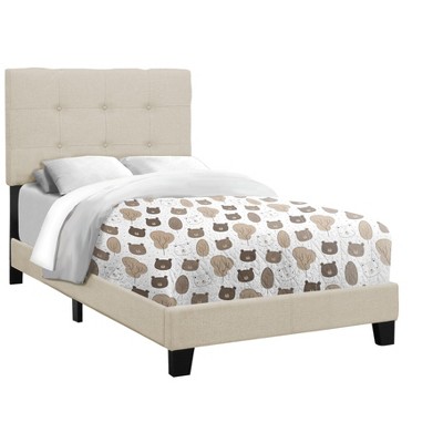 Beige Linen Twin Upholstered Bed with Tufted Headboard