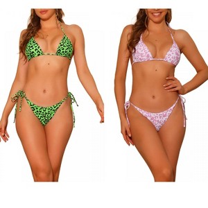 Elerevyo Women's Leopard Print Halter Lace Up Tie Side Triangle Bottoms Swimwear Bathing Suits 2 Sets - 1 of 4