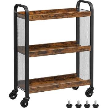 VASAGLE 3-Tier Narrow Storage Cart, Rolling Cart with Wheels, Steel Frame, Rustic Brown and Black