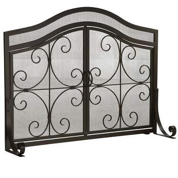 Plow & Hearth - Small Crest Fireplace Fire Screen with Doors, 38" W x 31_" H at Center