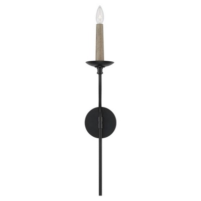 Matte Black Steel Candle Wall Sconce with Faux Wood Sleeve