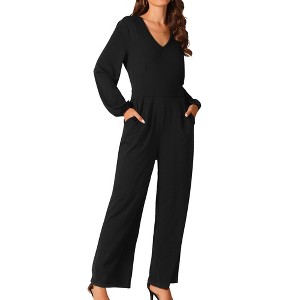 Seta T Women's V Neck Long Sleeve High Waist Wide Leg Casual Jumpsuits with Pockets - 1 of 4