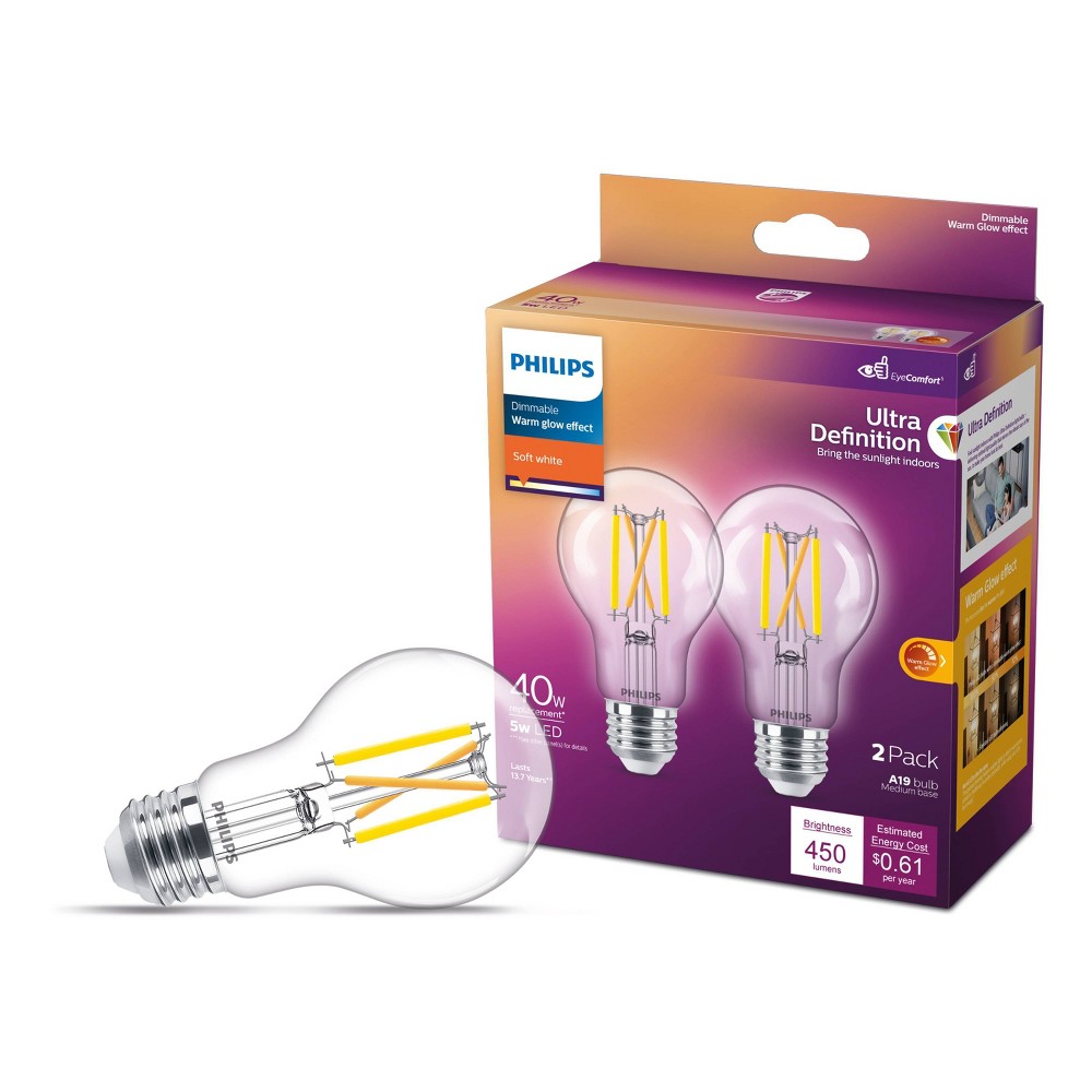 Photos - Light Bulb Philips UltraDef LED 40W Clear Soft White A19 2P: Dimmable, Energy Star, 450 Lumens, 13.7-Year Life, E26 Base 