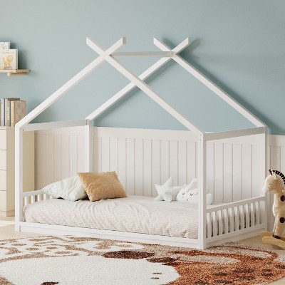 Twin/Full Size House Bed  for Kids Wood Platform Bed Frame Fence Bed with Headboard and Footboard, Montessori Style, White/Natural-ModernLuxe