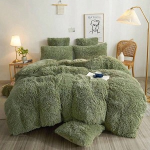 Plush Shaggy Duvet Cover Set, Luxury Soft Faux Bedding 3 Pieces, Queen, Sage Green - 1 of 4
